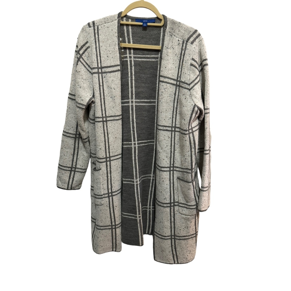 Apt 9- Long, thigh Length Cardigan Sweater - Gray / Cream Box Plaid - Size L